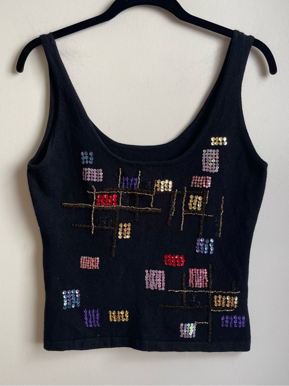 Vintage 90s Cache Knit Tank Top Black Sequins Beaded Cropped Y2K Size Large